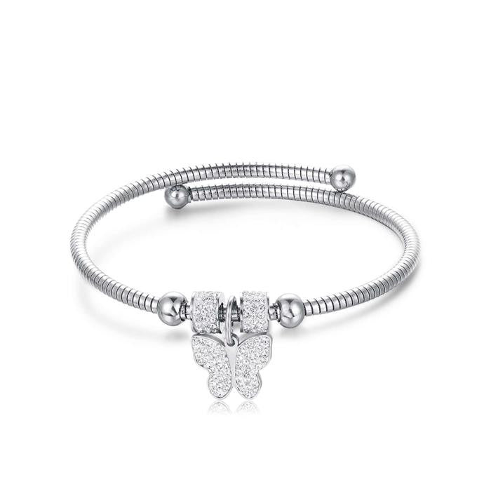 Bracciale In Acciaio Con Farfalla E Cristalli Bianchi