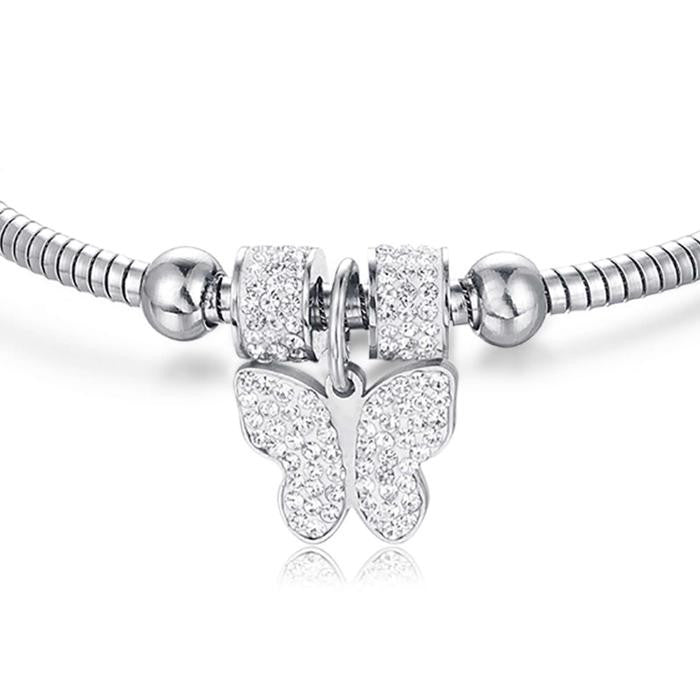 Bracciale In Acciaio Con Farfalla E Cristalli Bianchi