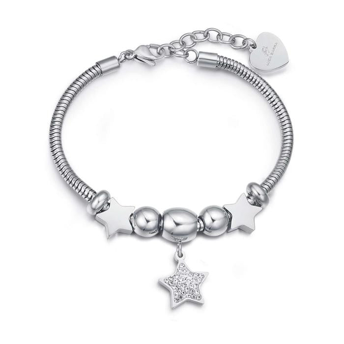 Bracciale In Acciaio Con Stella Con Cristalli Bianchi E Stelle Acciaio