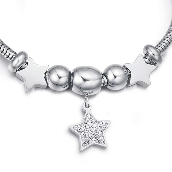 Bracciale In Acciaio Con Stella Con Cristalli Bianchi E Stelle Acciaio