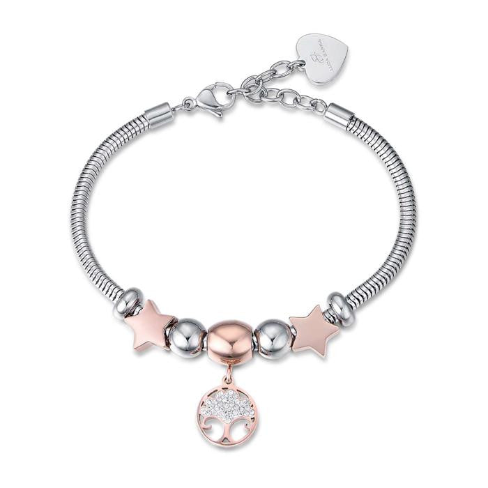 Bracciale In Acciaio Con Albero Della Vita Ip Rose E Cristalli Bianchi E Stelle