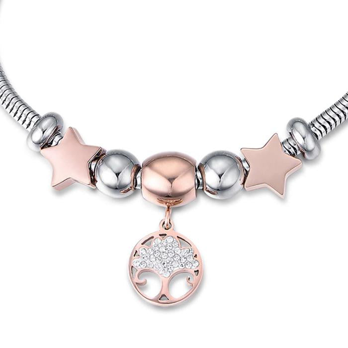 Bracciale In Acciaio Con Albero Della Vita Ip Rose E Cristalli Bianchi E Stelle