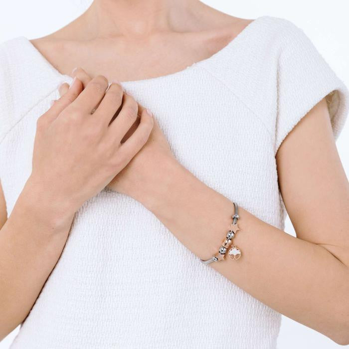 Bracciale In Acciaio Con Albero Della Vita Ip Rose E Cristalli Bianchi E Stelle