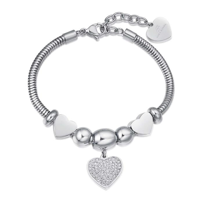 Bracciale In Acciaio Con Cuore Con Cristalli Bianchi E Cuori Acciaio