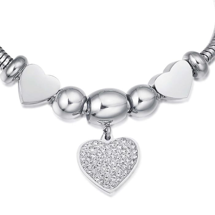 Bracciale In Acciaio Con Cuore Con Cristalli Bianchi E Cuori Acciaio