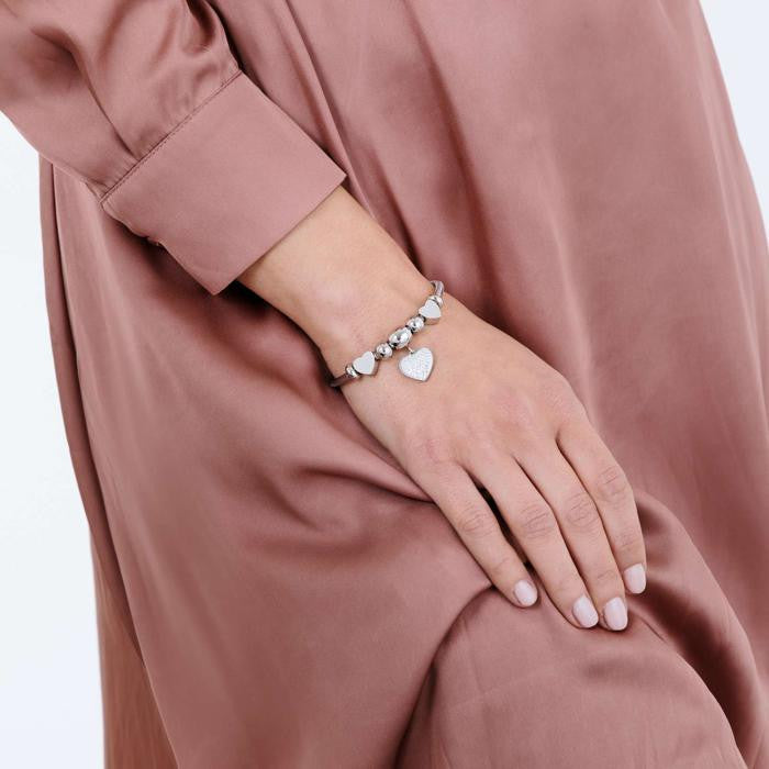 Bracciale In Acciaio Con Cuore Con Cristalli Bianchi E Cuori Acciaio