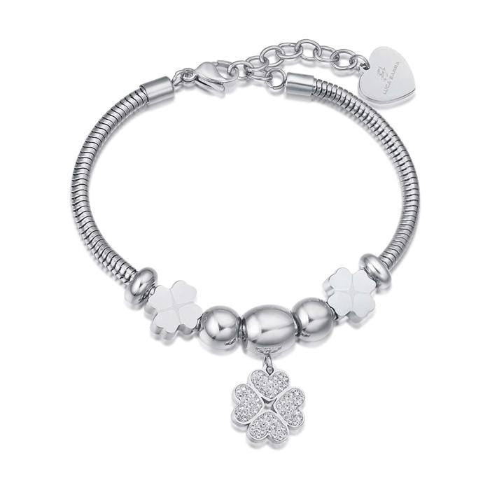 Bracciale In Acciaio Con Quadrifoglio Con Cristalli Bianchi E Quadrifogli
