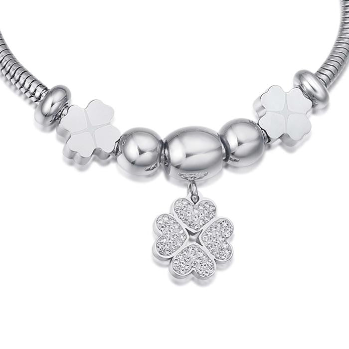 Bracciale In Acciaio Con Quadrifoglio Con Cristalli Bianchi E Quadrifogli