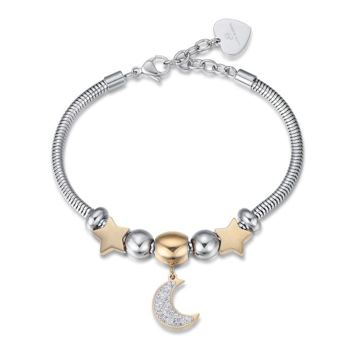 Bracciale In Acciaio Con Luna Ip Gold Con Cristalli Bianchi E Stelle Ip Gold
