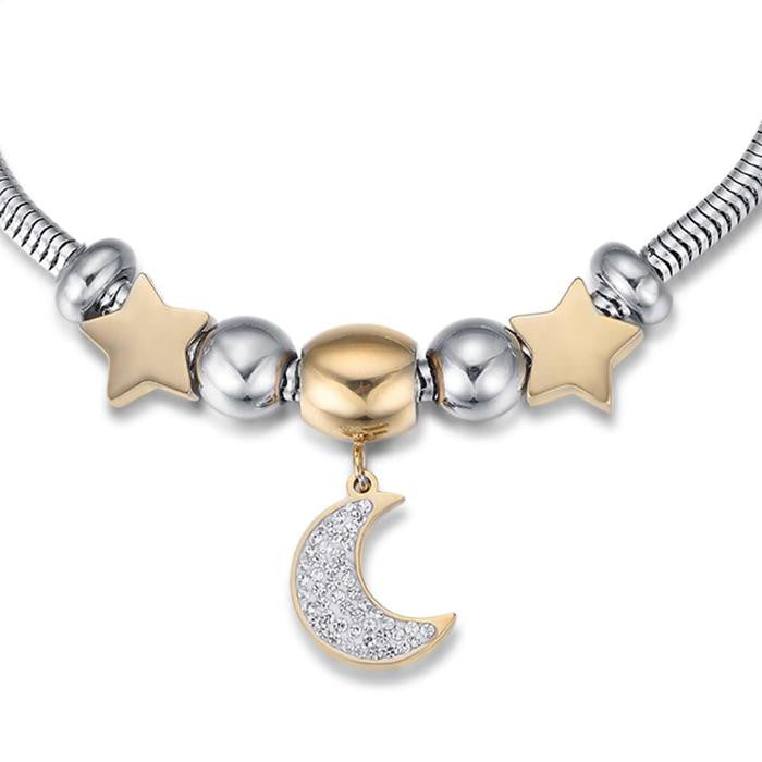 Bracciale In Acciaio Con Luna Ip Gold Con Cristalli Bianchi E Stelle Ip Gold
