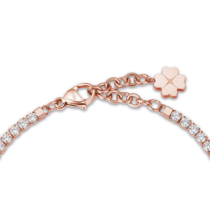 Bracciale In Acciaio Ip Rose Con Quadrifoglio E Cristalli Bianchi