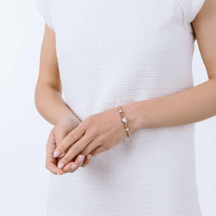 Bracciale In Acciaio Ip Rose Con Cuore Con Cristalli Bianchi