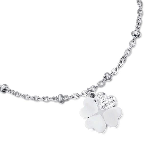 Bracciale In Acciaio Con Quadrifogli Con Cristalli Bianchi