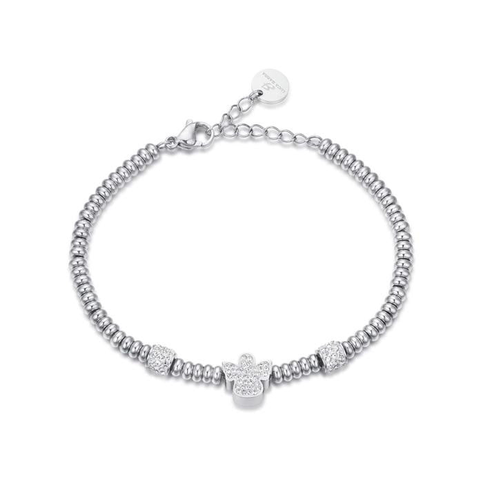 Bracciale In Acciaio Con Angelo Con Cristalli Bianchi