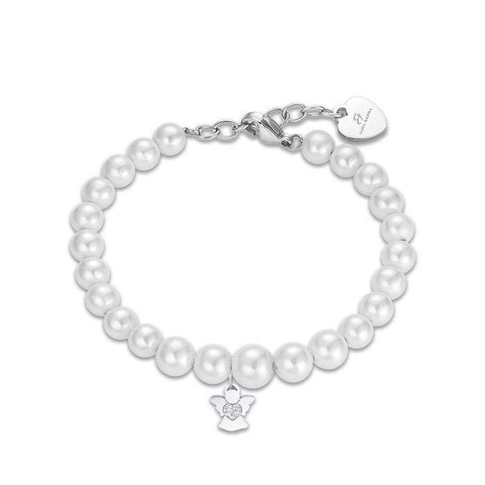 Bracciale in acciaio con perle bianche e angelo