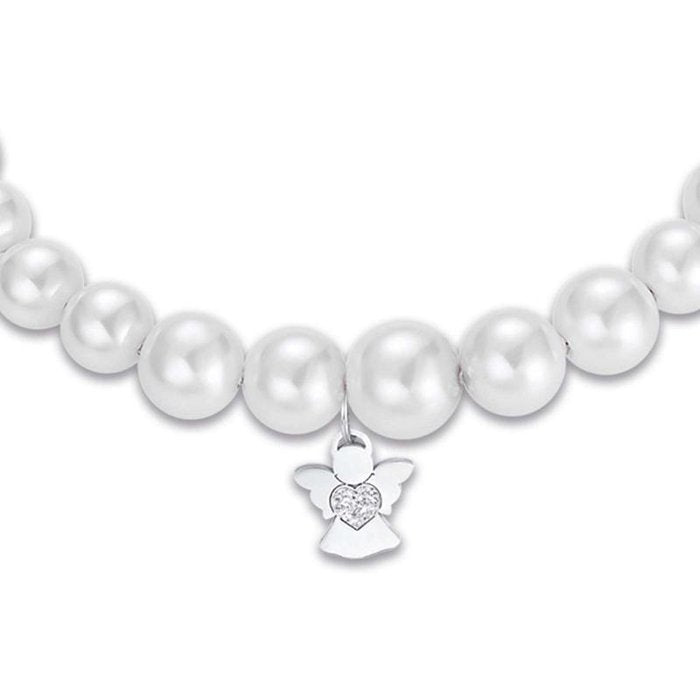 Bracciale in acciaio con perle bianche e angelo