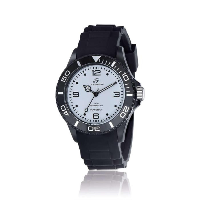 Orologio in silicone nero quadrante bianco ghiera nera