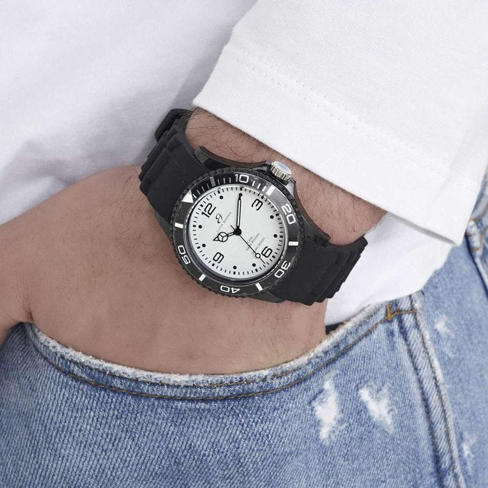 Orologio in silicone nero quadrante bianco ghiera nera