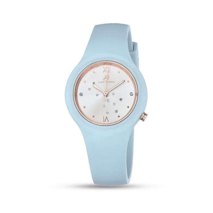 Orologio in silicone azzurro quadrante silver con cristalli bianchi