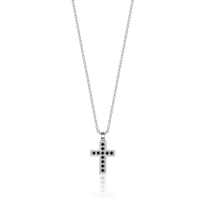 Collana In Acciaio Con Croce E Cristalli Neri