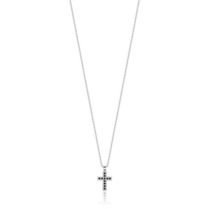 Collana In Acciaio Con Croce E Cristalli Neri