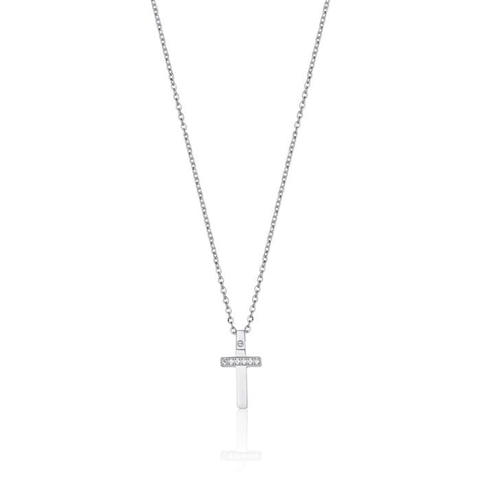 Collana In Acciaio Con Croce Con Cristalli Bianchi
