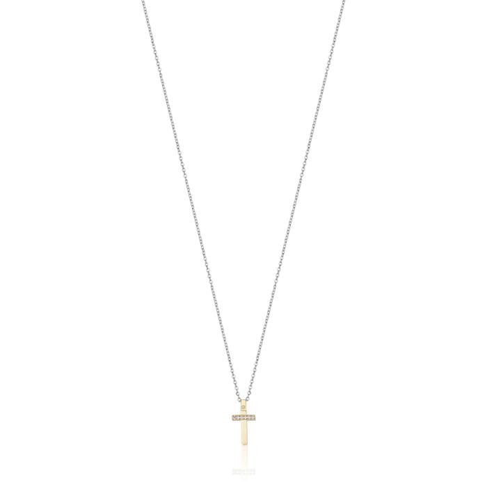 Collana In Acciaio Con Croce Ip Gold Con Cristalli Bianchi