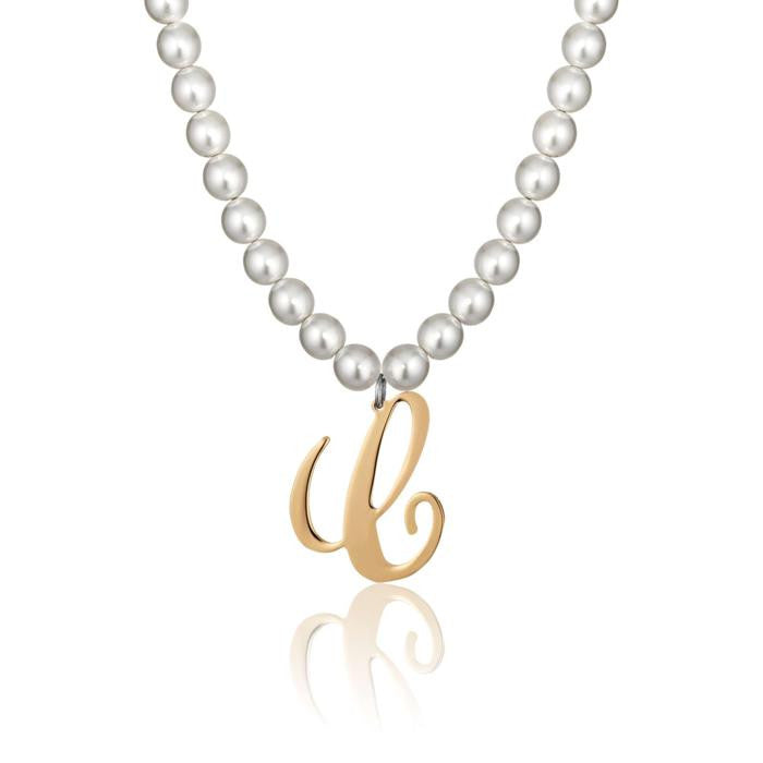 Collana In Acciaio Con Perle Sintetiche E Lettera C