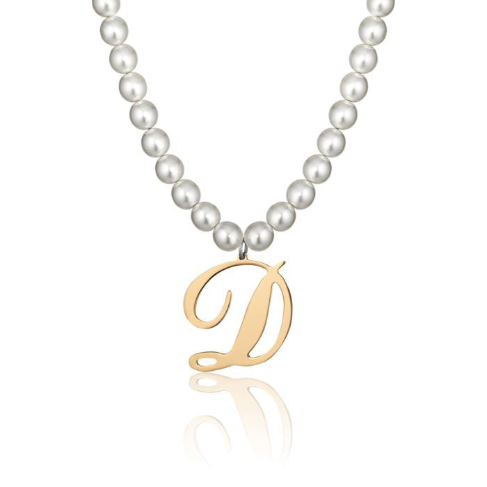 Collana In Acciaio Con Perle Sintetiche E Lettera D