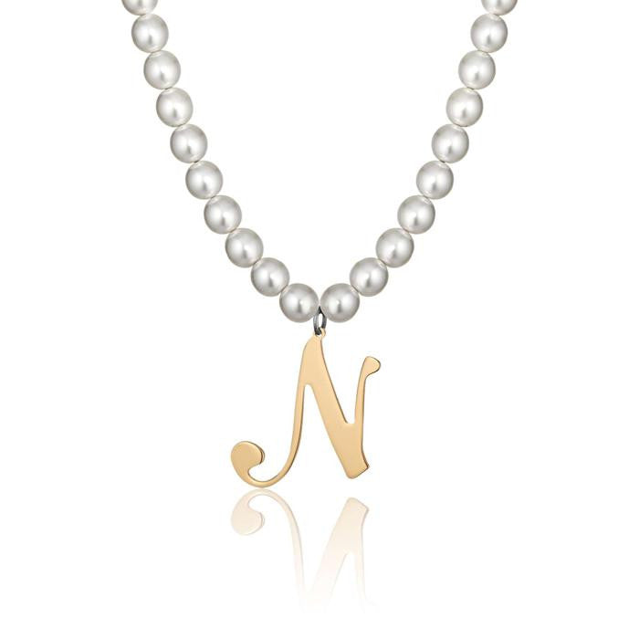Collana In Acciaio Con Perle Sintetiche E Lettera N