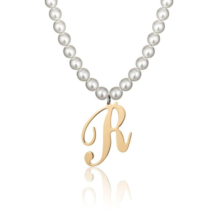 Collana In Acciaio Con Perle Sintetiche E Lettera R