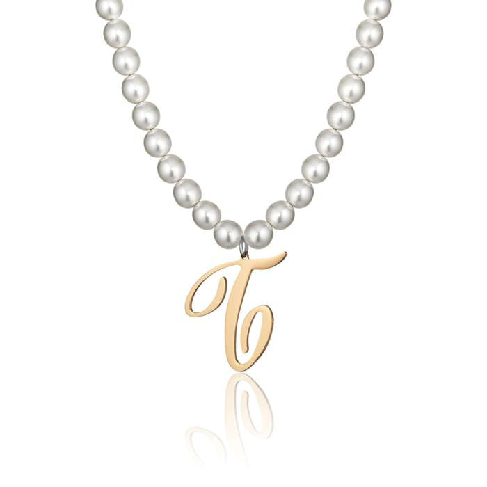 Collana In Acciaio Con Perle Sintetiche E Lettera T