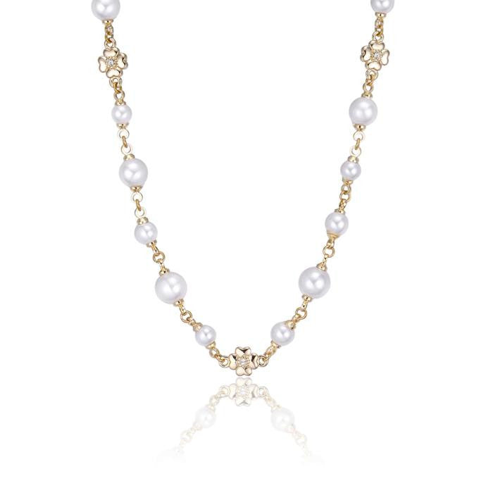Collana In Acciaio Dorato Con  Perle Sintetiche Bianche E Quadrifoglio