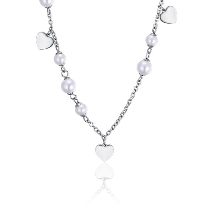 Collana In Acciaio Con Perle Bianche E Cuori