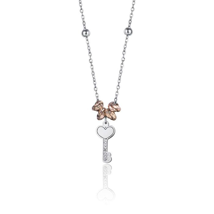 Collana In Acciaio Con Elementi In Ip Rose Chiave Con Cristalli Bianchi