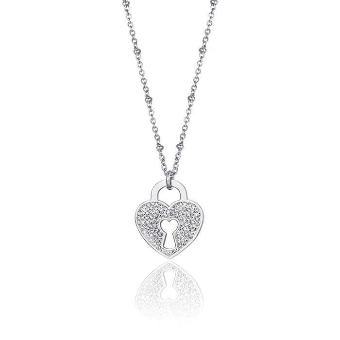 Collana In Acciaio Con Cuore Lucchetto Con Cristalli Bianchi