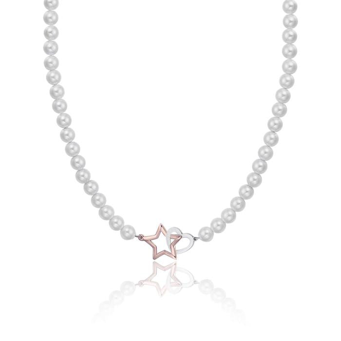 Collana In Acciaio Con Perle Bianche Cuore In Acciaio E Stella Ip Rose