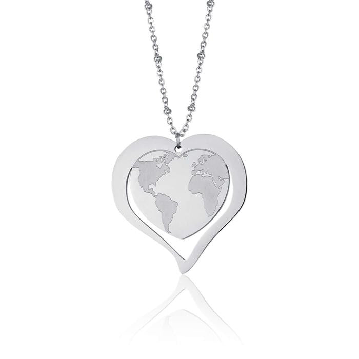 Collana In Acciaio Con Cuore Mappa Del Mondo