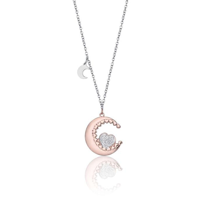 Collana In Acciaio Con Luna Ip Rose E Cuore Con Cristalli Bianchi
