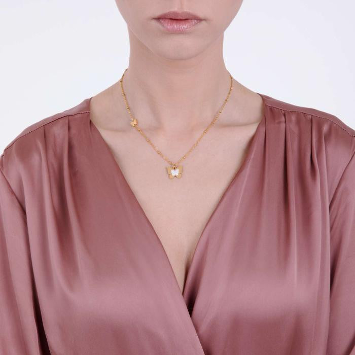 Collana In Acciaio Ip Gold Con Farfalle Con Cristalli Bianchi