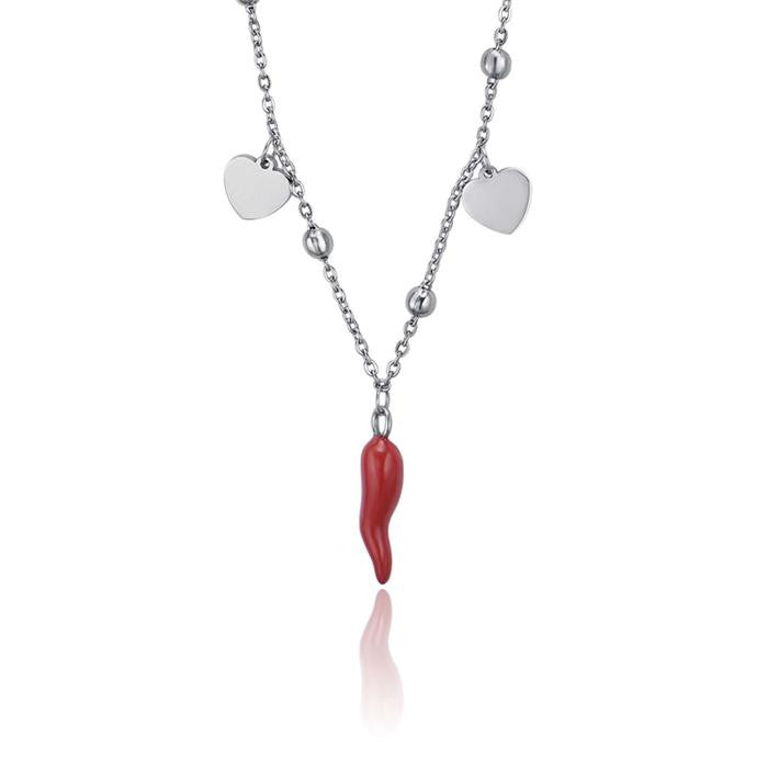 Collana In Acciaio Con Cuori E Corno Rosso