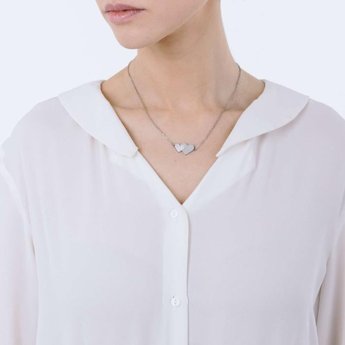 Collana In Acciaio Con Cuori E Cristalli Bianchi