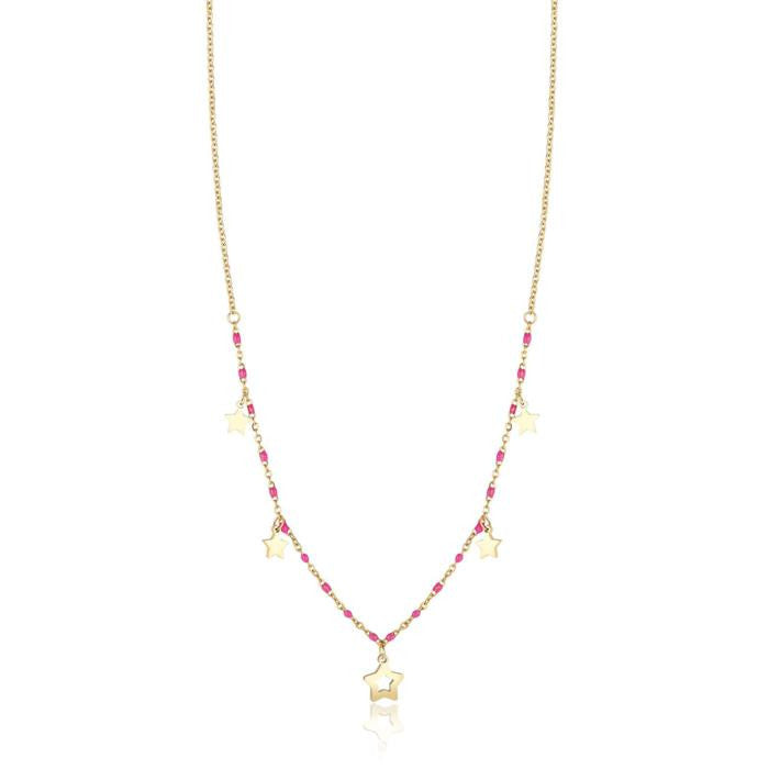 Collana In Acciaio Ip Gold Con Stelle E Pietre Fuxia