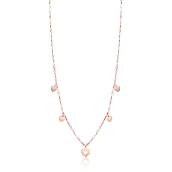 Collana In Acciaio Ip Rose Con Cuori E Pietre Rosa