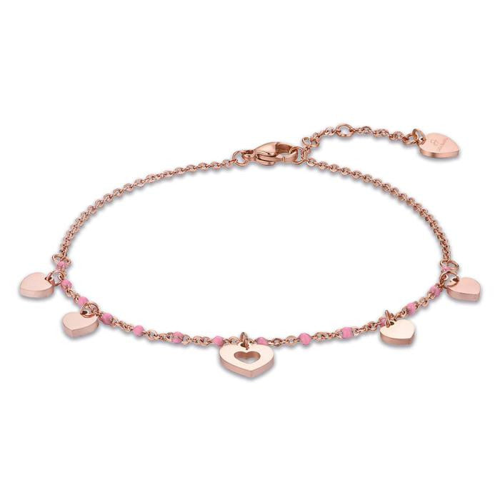 Cavigliera In Acciaio Ip Rose Con Cuori E Pietre Rosa