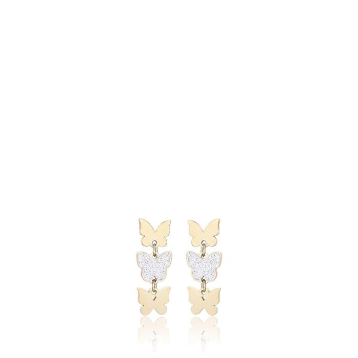 Orecchini In Acciaio Ip Gold Con Farfalle E Glitter Bianco