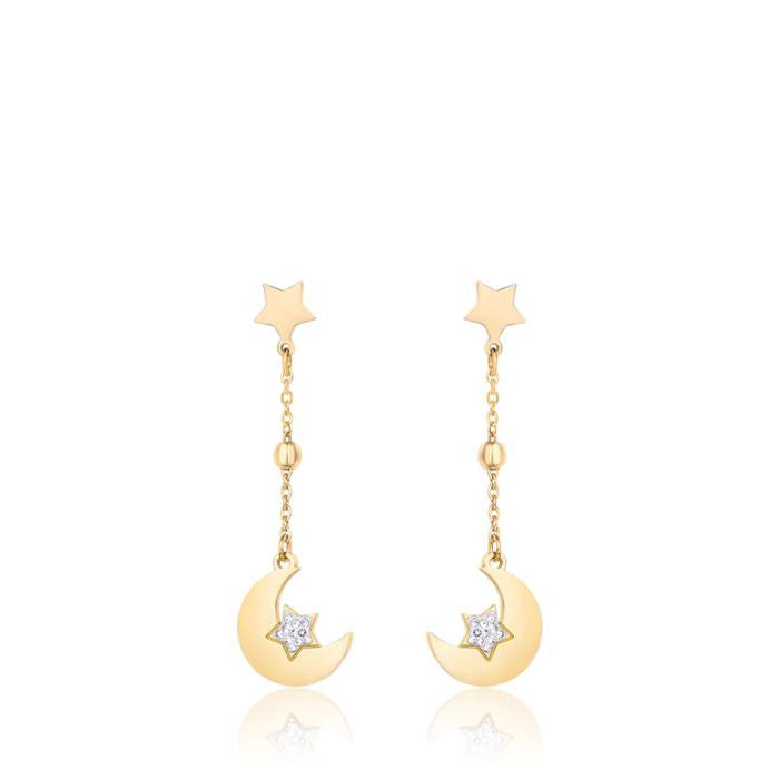 Orecchini In Acciaio Ip Gold Con Lune E Stelle E Cristalli Bianchi