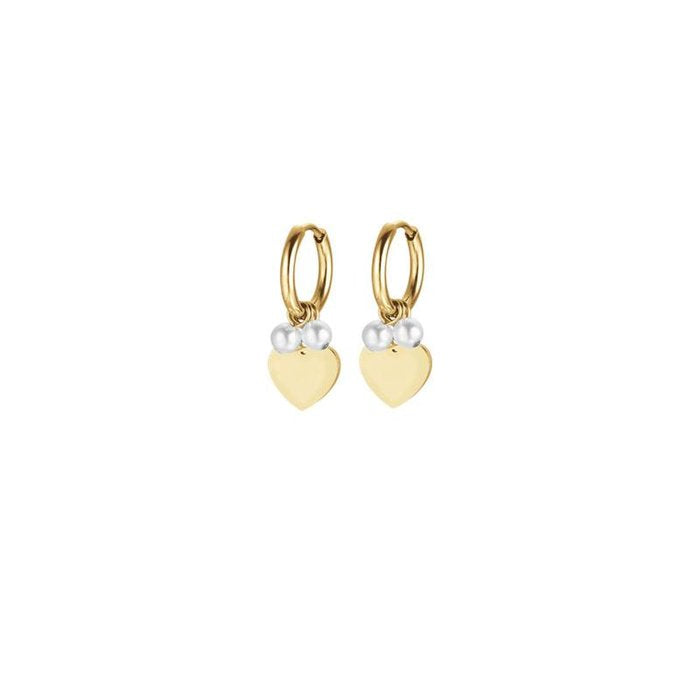 Orecchini in acciaio ip gold con cuori e perle