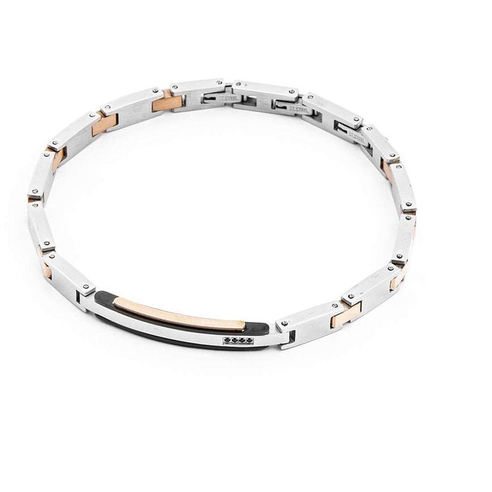 Bracciale acciaio maglia piatta bicolore con placca con brillanti