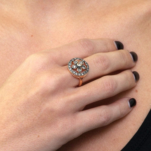 Anello in Argento 925 stile antico con fiore e cristalli fume'